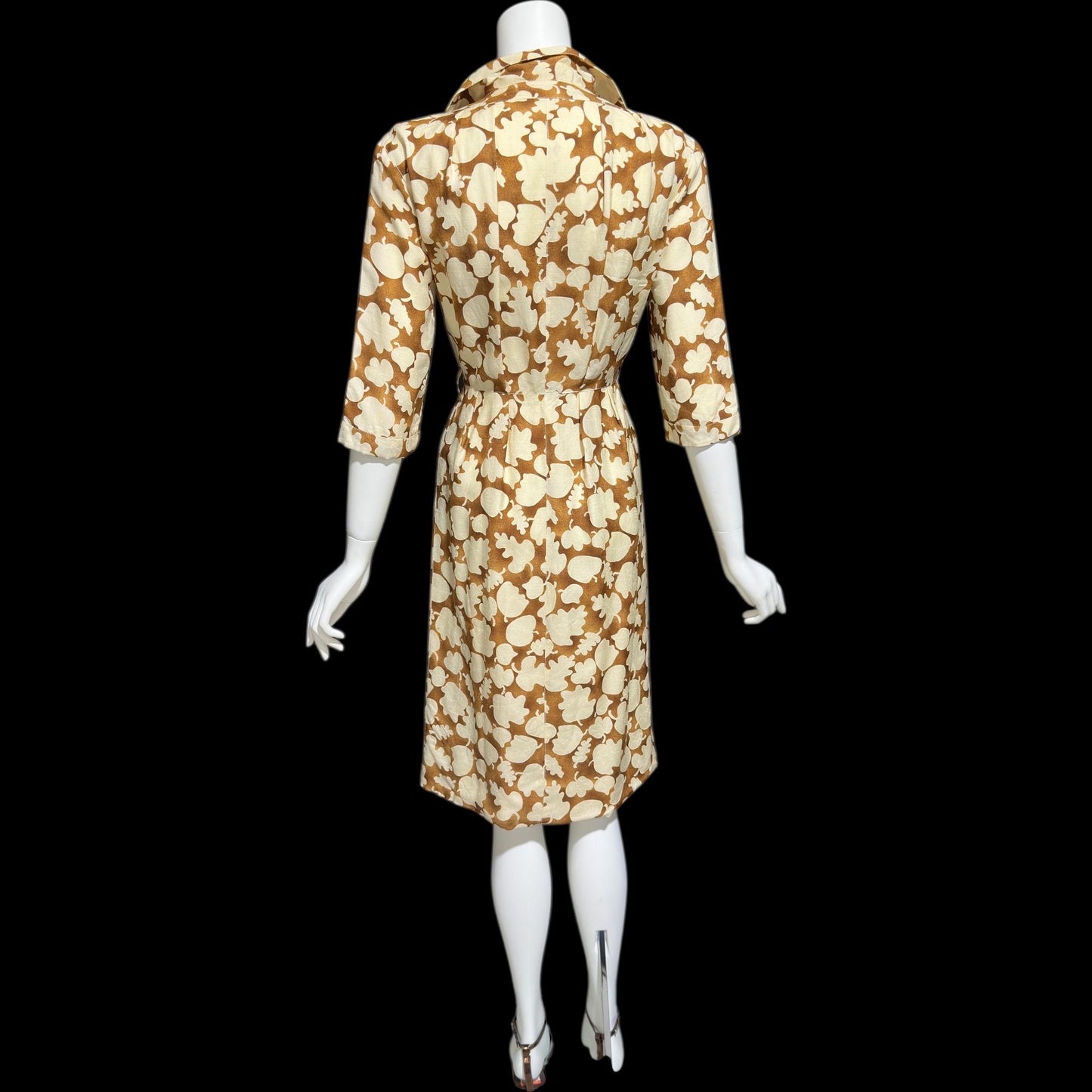 COURREGES vintage 1970s shirtdress, silk blend, nutmeg and cream button front wear to work dress