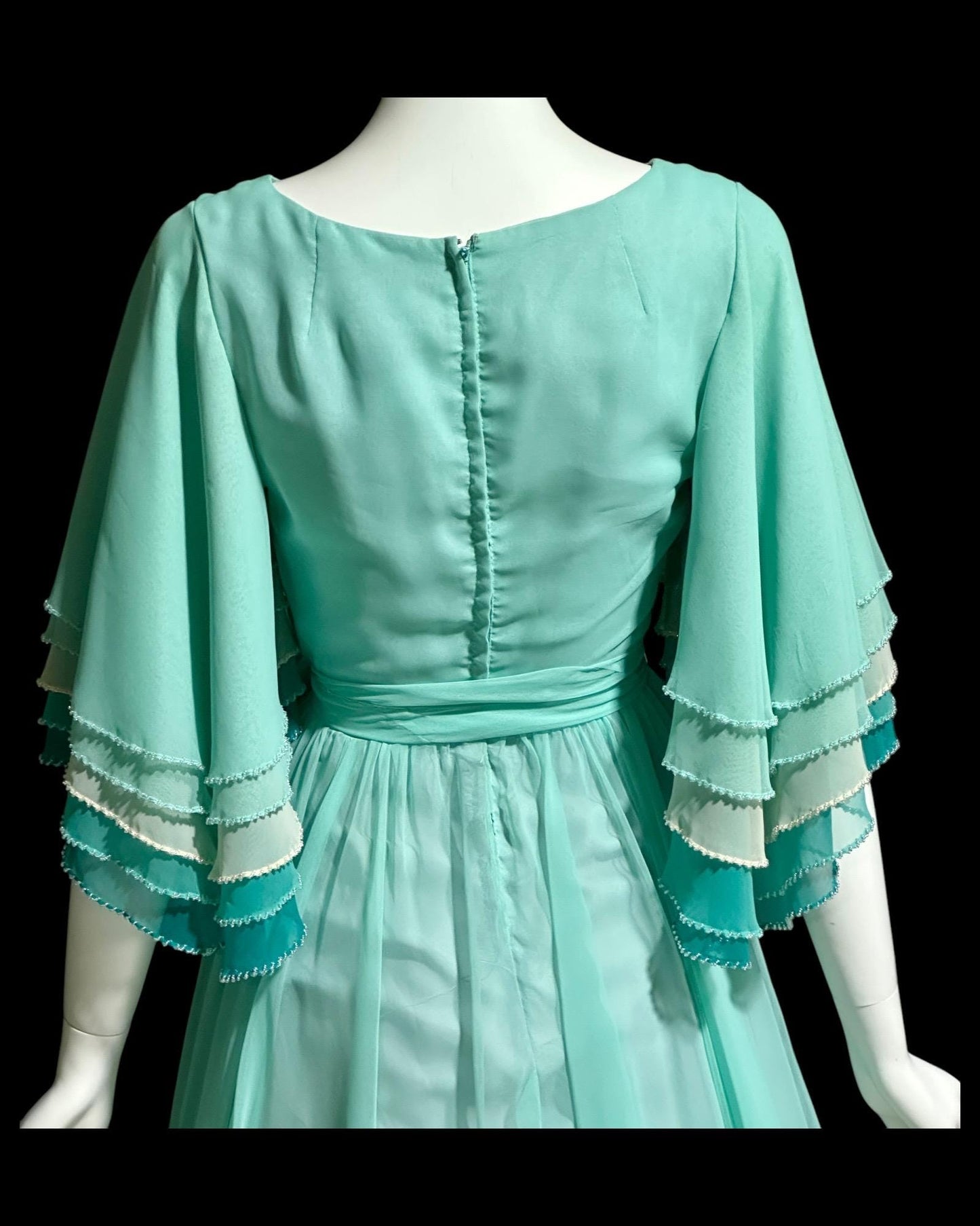 JACK BRYAN, vintage 1970s teal green chiffon evening dress with beaded flutter sleeves