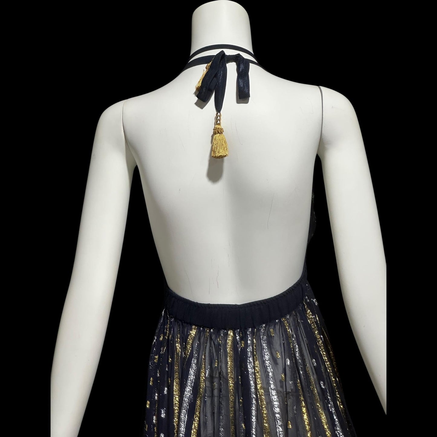 1970s Vintage Disco Diva evening party dress, sheer nylon and metallic halter gown, studio 54 disco