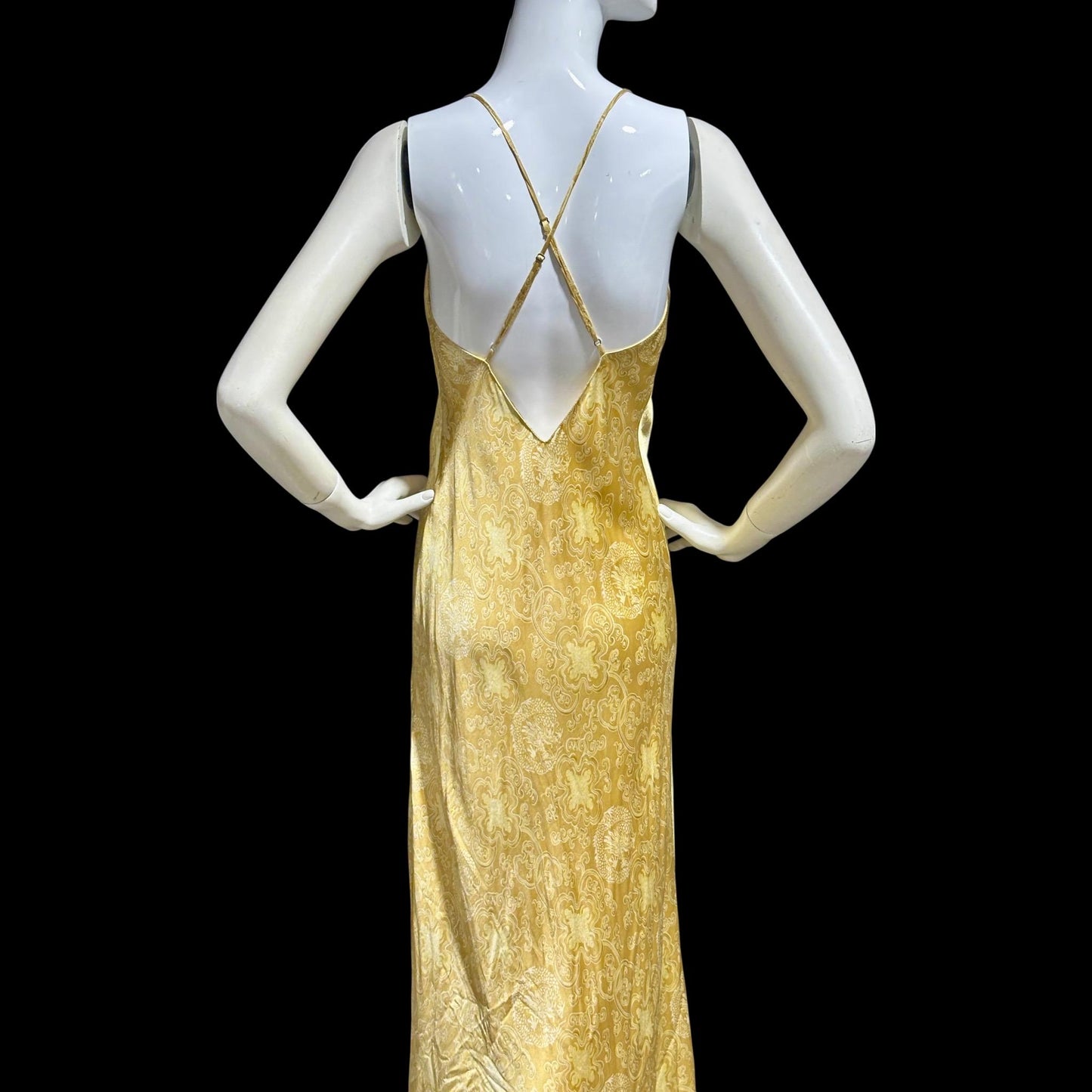 JOSIE NATORI, vintage Y2K nightgown slip dress, gold asian motif silk bias cut sequin sheath