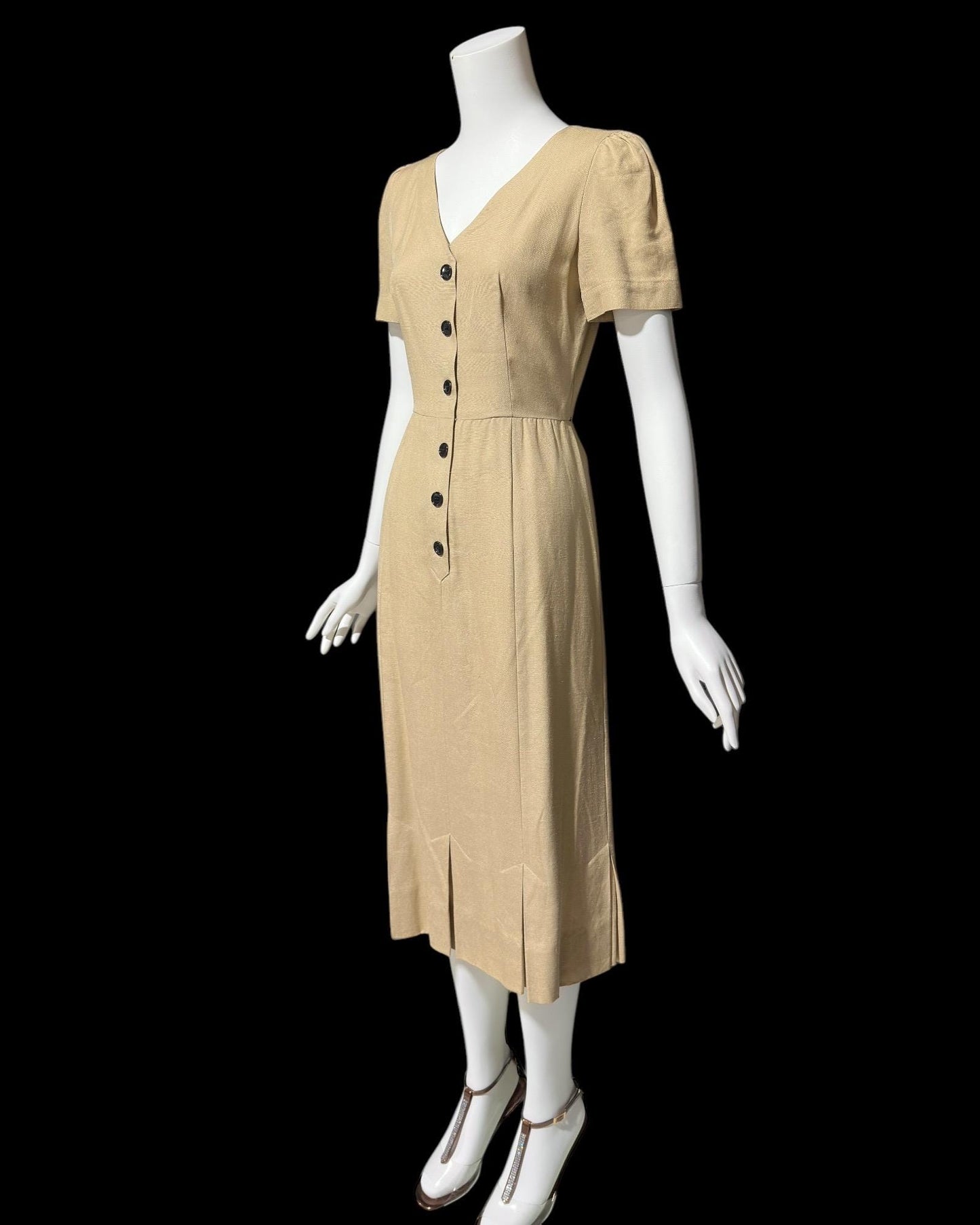 ADELE SIMPSON, vintage 1980s day dress, 80s does 40s latte tan linen dress, button front wear to work luncheon dress