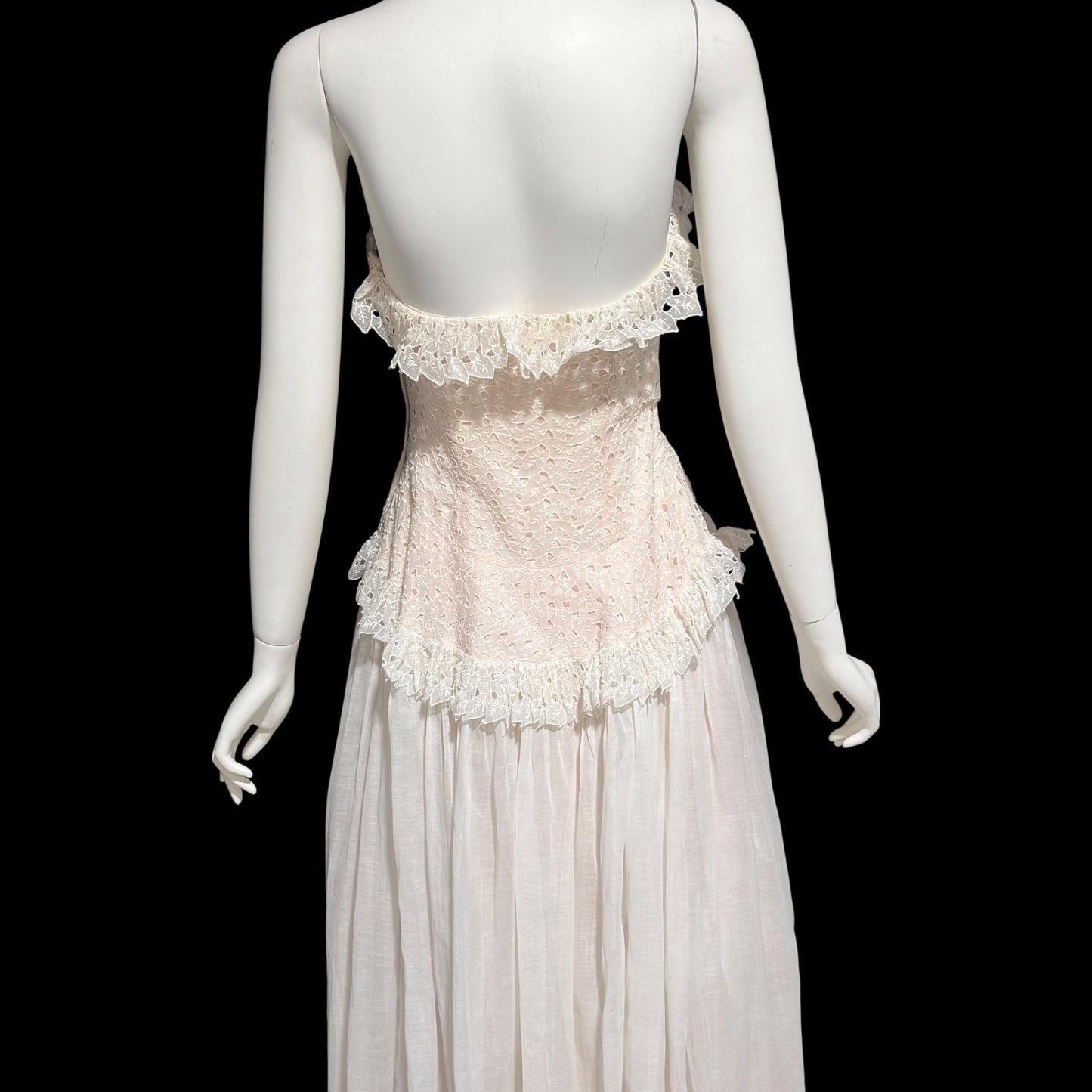 1940s vintage dress gown, soft petal pink and white cotton eyelet, with white organdy evening wedding gown