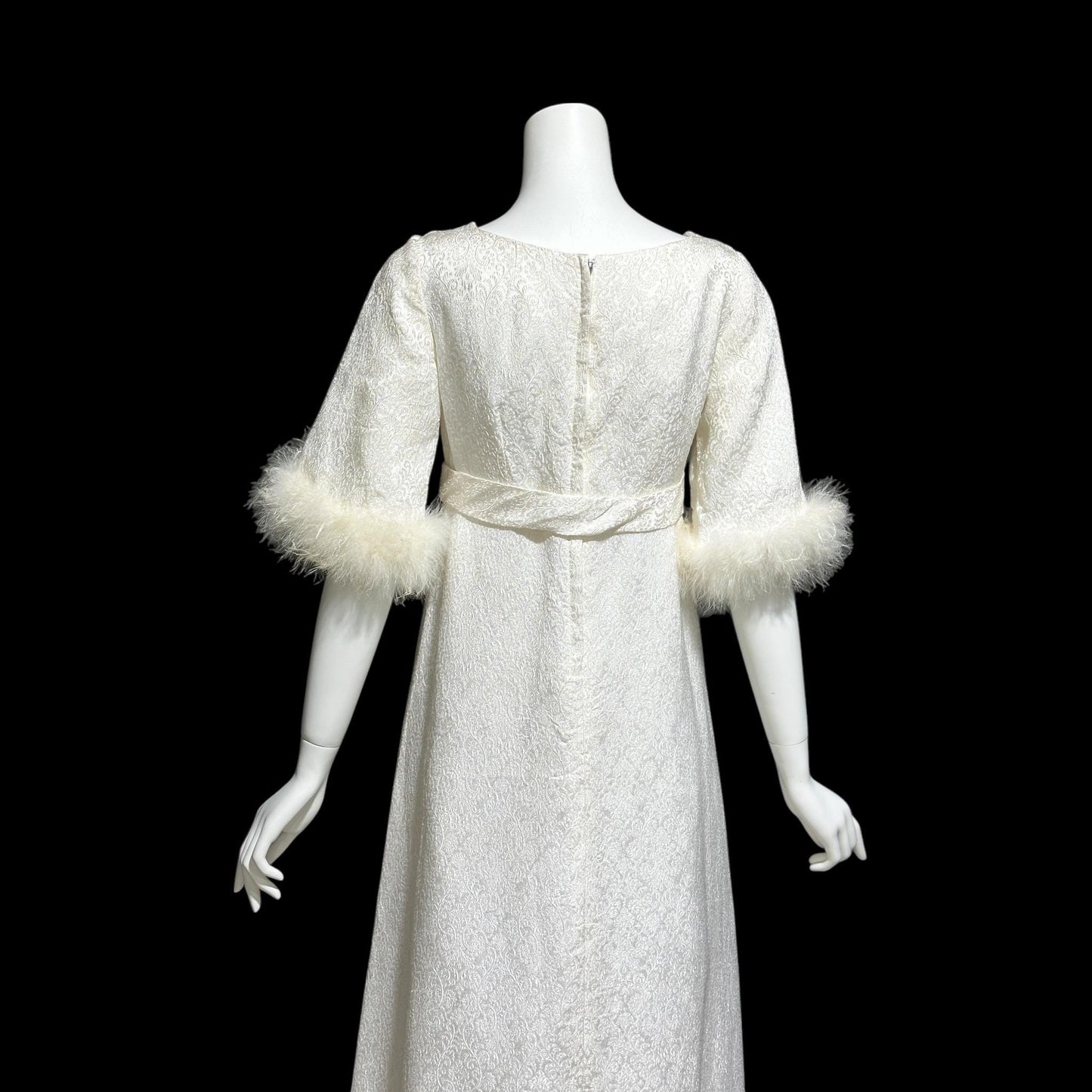 1960s vintage wedding dress gown, shimmering pearly white damask & marabou feathers bridal evening dress
