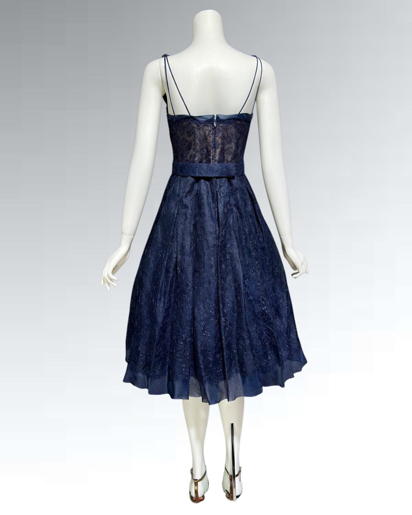 OLDRIC ROYCE by Tony Abate, vintage 1950s evening cocktail dress, navy organza fit and flare party dress