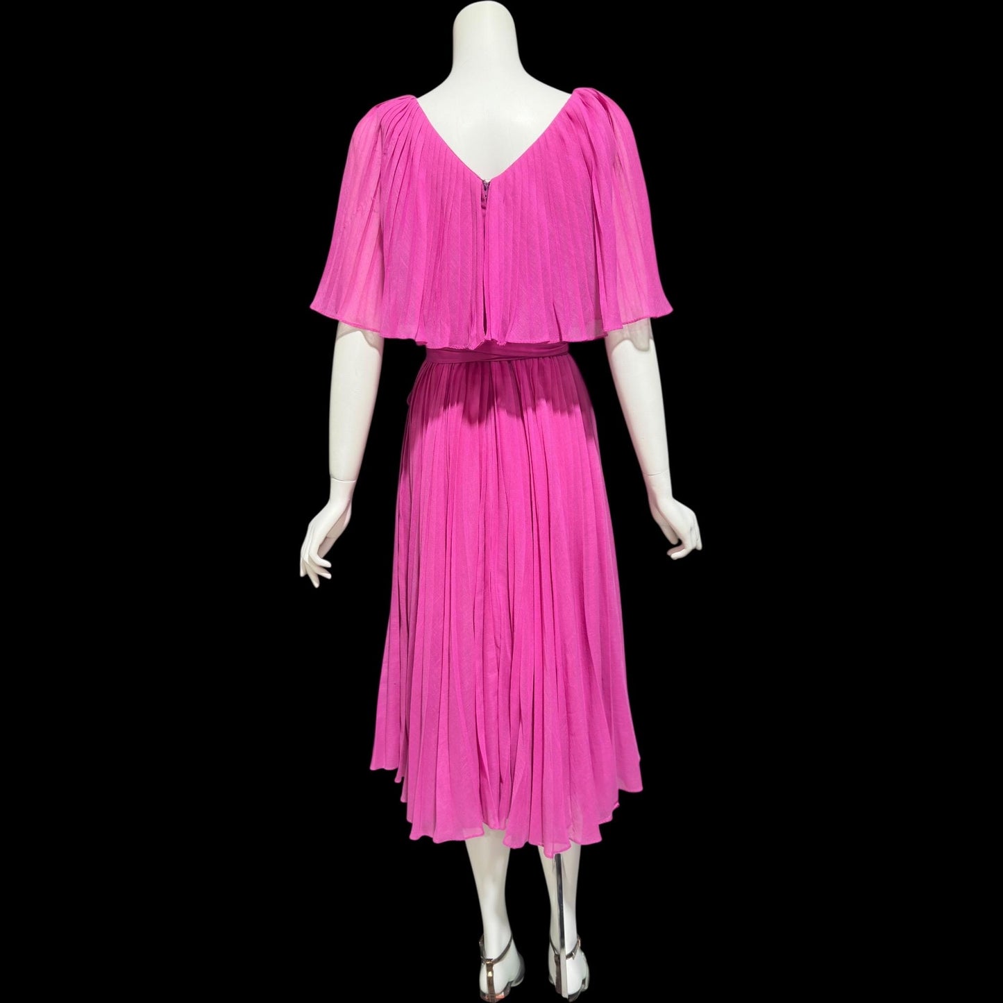 MISS ELLIETTE Vintage 1960s pleated party dress, pink cocktail dress, ruffled collar