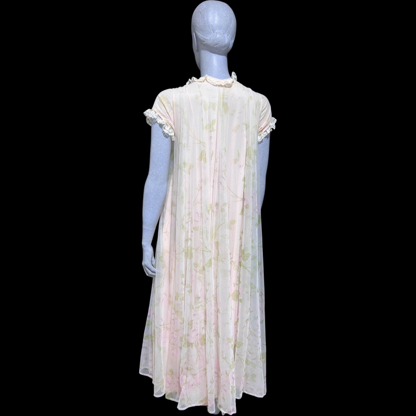 LUCIE ANN Claire Sandra, vintage 1960s Pink floral full sweep peignoir nightgown, grecian wrap pom pom dress, waterfall back robe