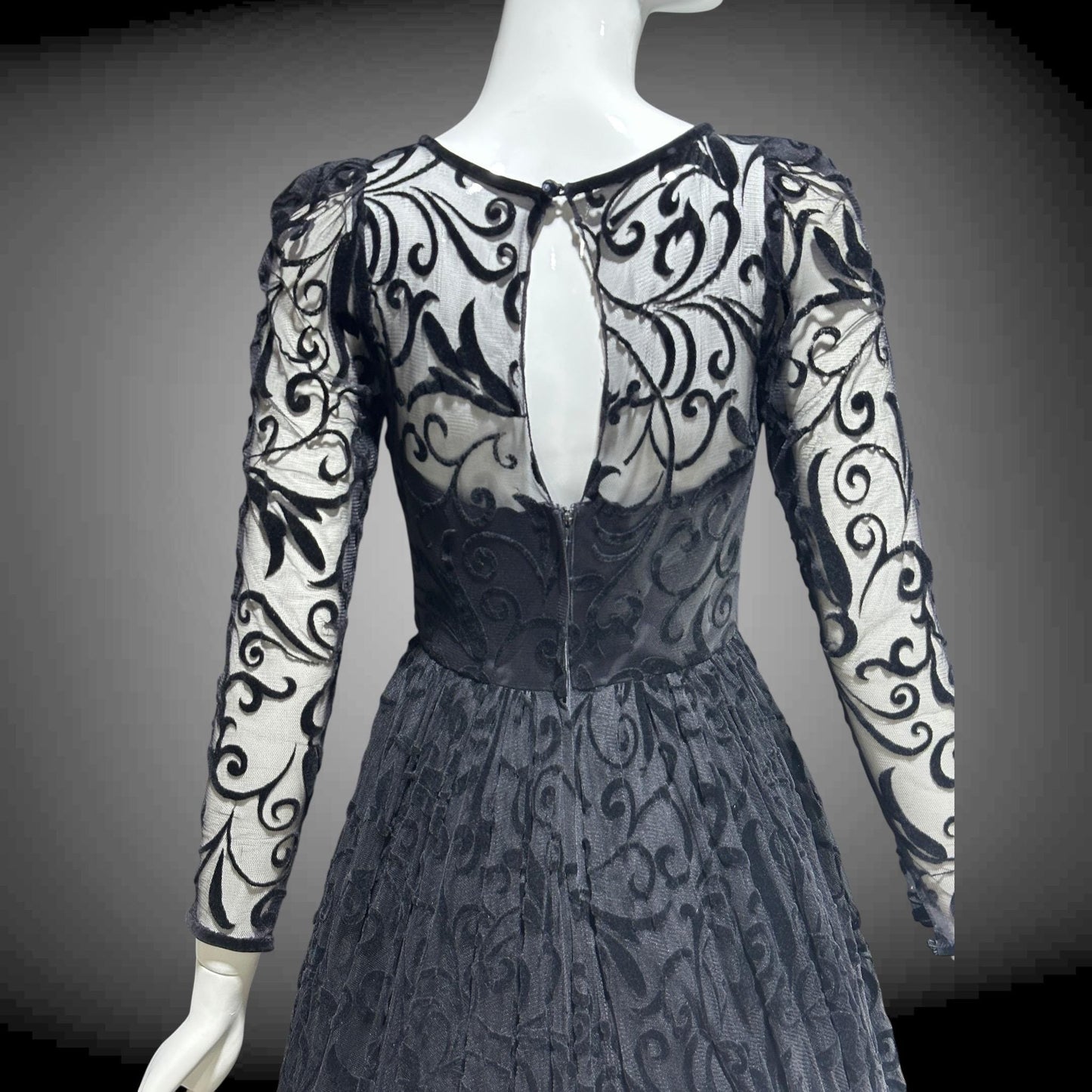 CAROLINE CHARLES, vintage 1980s evening dress ball gown, Made in England, Neiman Marcus Black formal dress