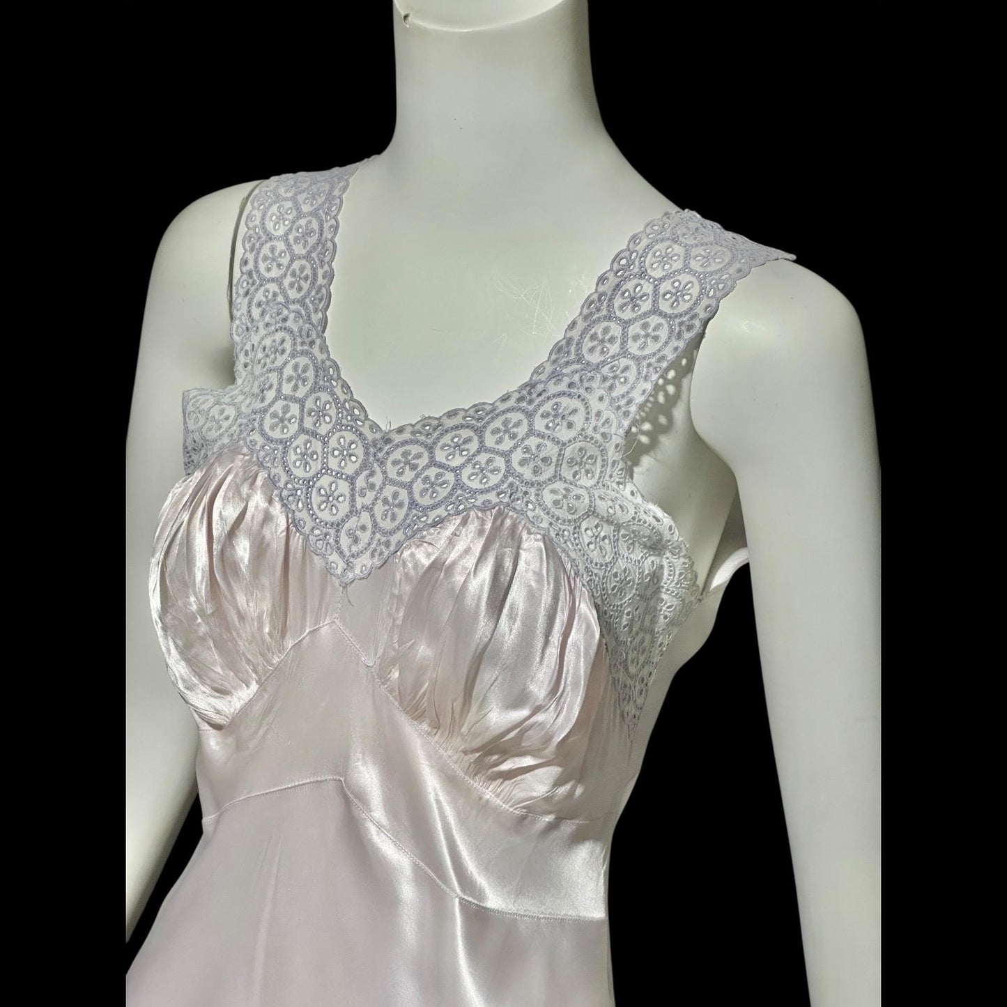 1940s vintage Nightgown slip dress, Shiny bias cut lavender night dress, full length with blue eyelet lace