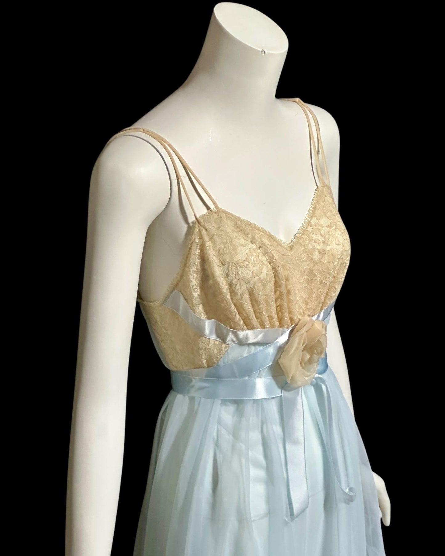 VANITY FAIR vintage 1950s nightgown, Powder Blue Nylon Lace House Dress Grecian Goddess