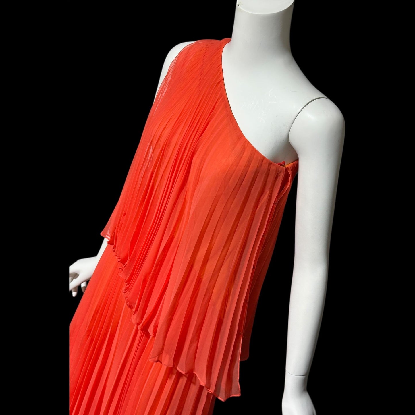 ESTEVEZ Vintage 1970s evening dress gown, Orange One Shoulder Pleated Chiffon full length gown