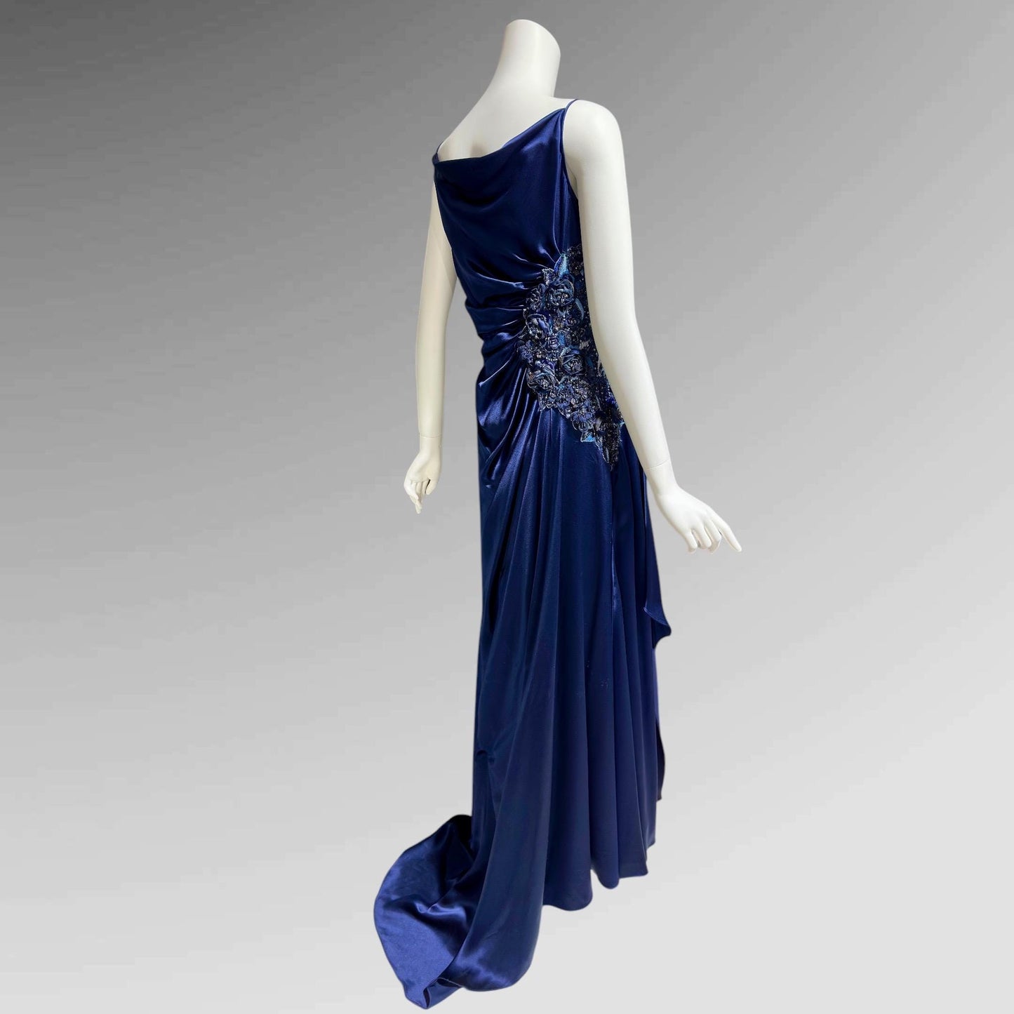 BELLVILLE SASSOON Lorcan Mullany, vintge 1990s evening dress, midnight blue silk beaded sheath slip gown