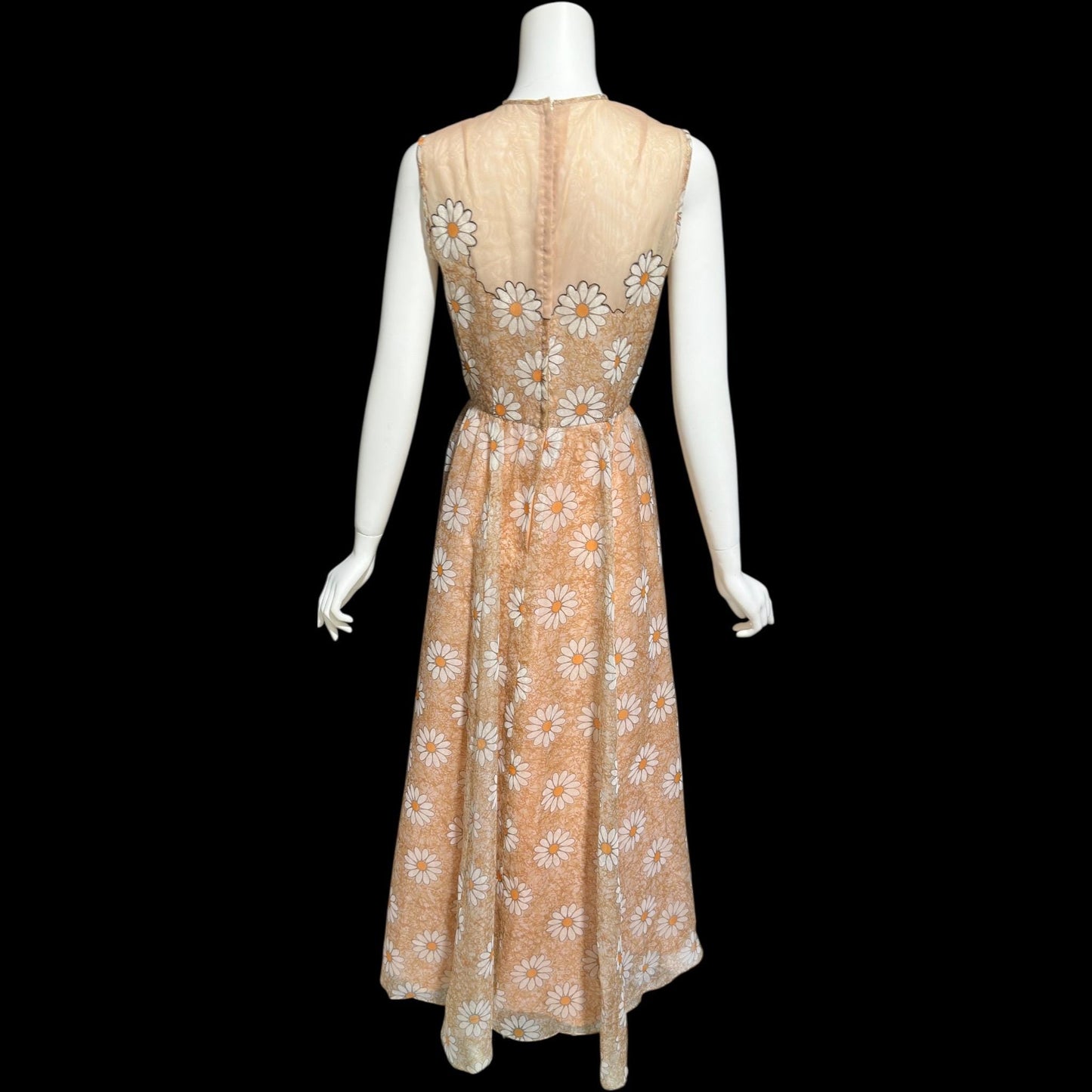 LILLI DIAMOND vintage 1960s evening dress gown, Daisy floral voile maxi dress, illusion neckline