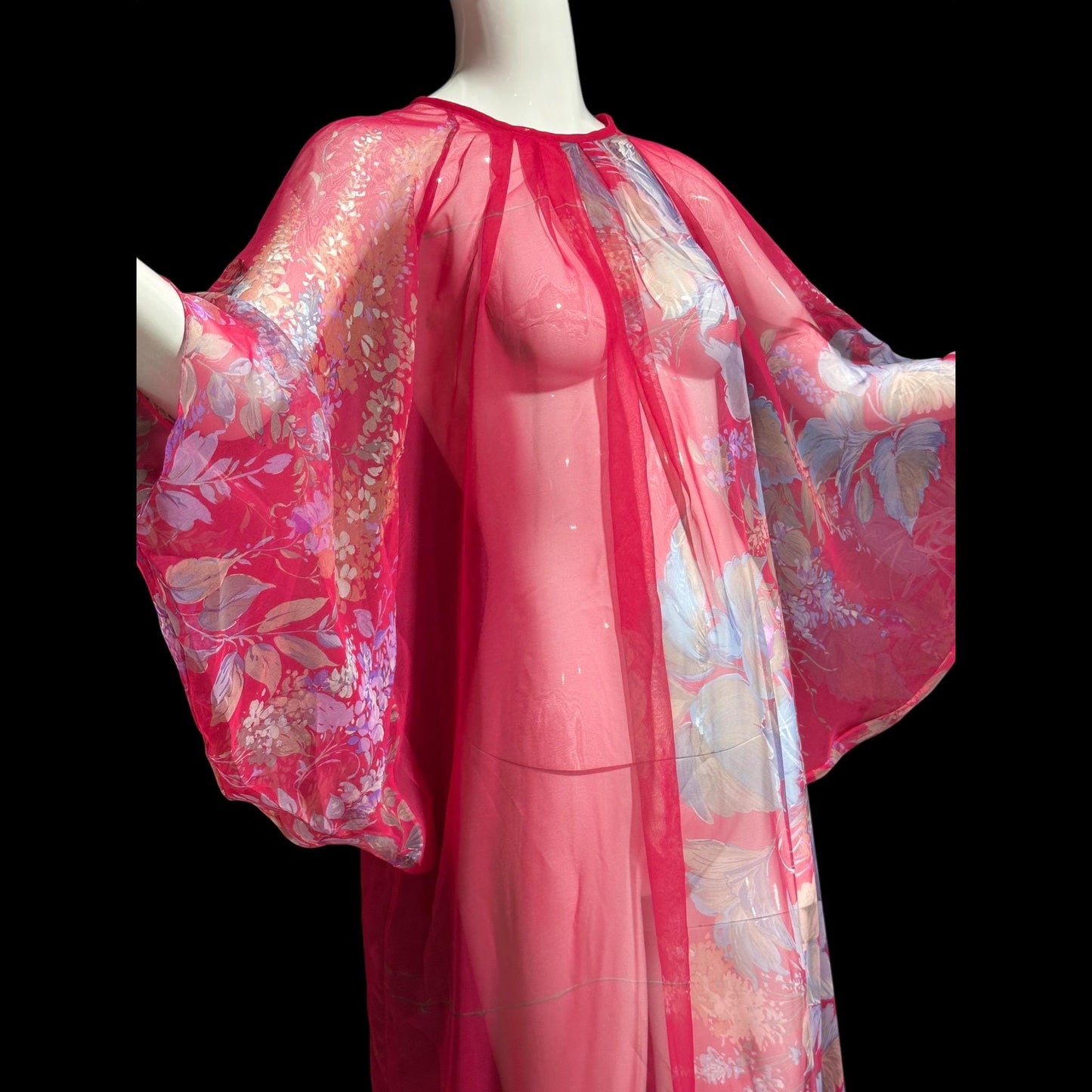 1970s Vintage sheer caftan, Sheer nylon raspberry pink with Hawaiian flowers, loose house dress, hostess gown beach coverup