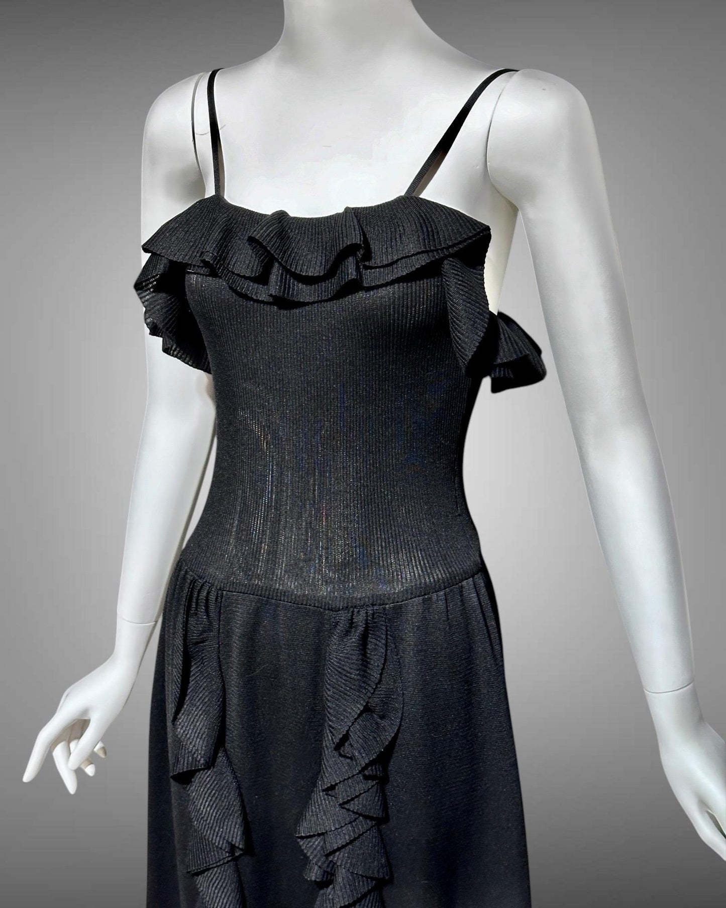 CRISSA 1970s vintage black knit ruffled slip dress, long maxi evening dress