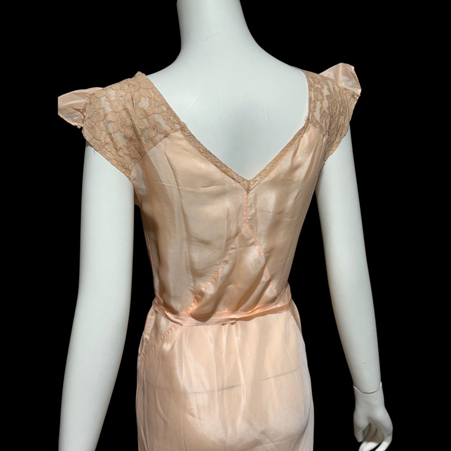 1930s Rayon Slip Dress: Vintage Bias Cut Shiny Peach Nightgown, Lace Trim