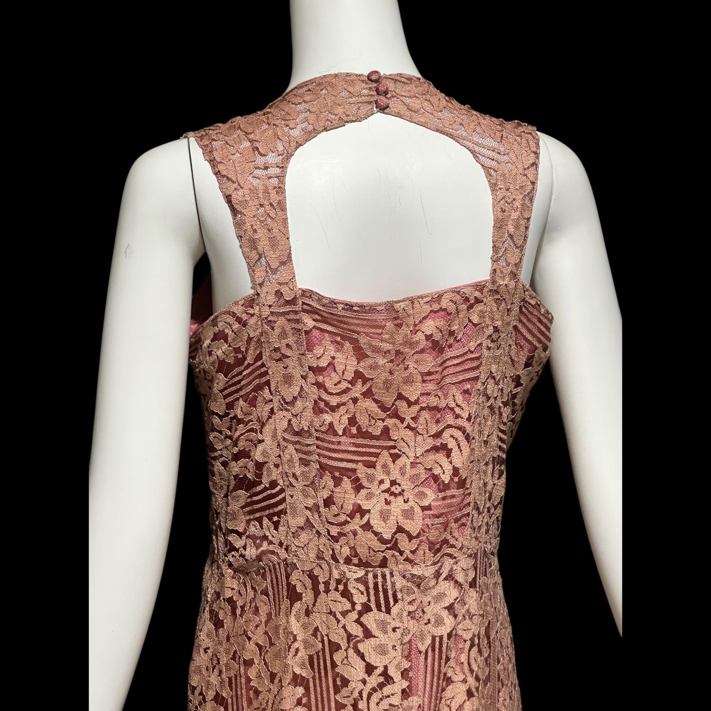 1930s vintage evening dress, Dusty pink lace sheath gown, fully lined