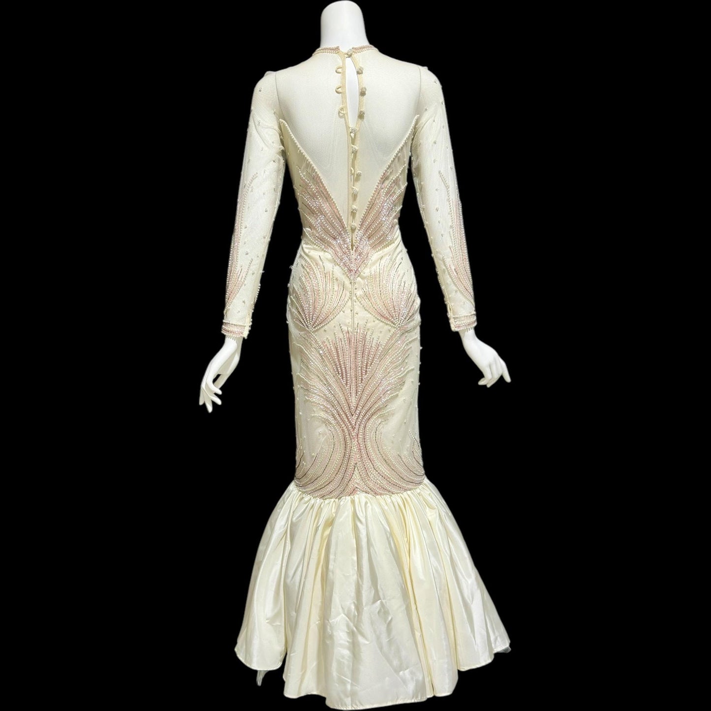 CARLOTA ALFARO, vintage 1980s evening gown, White pink beaded mermaid dress, ruffled bottom, illusion neckline