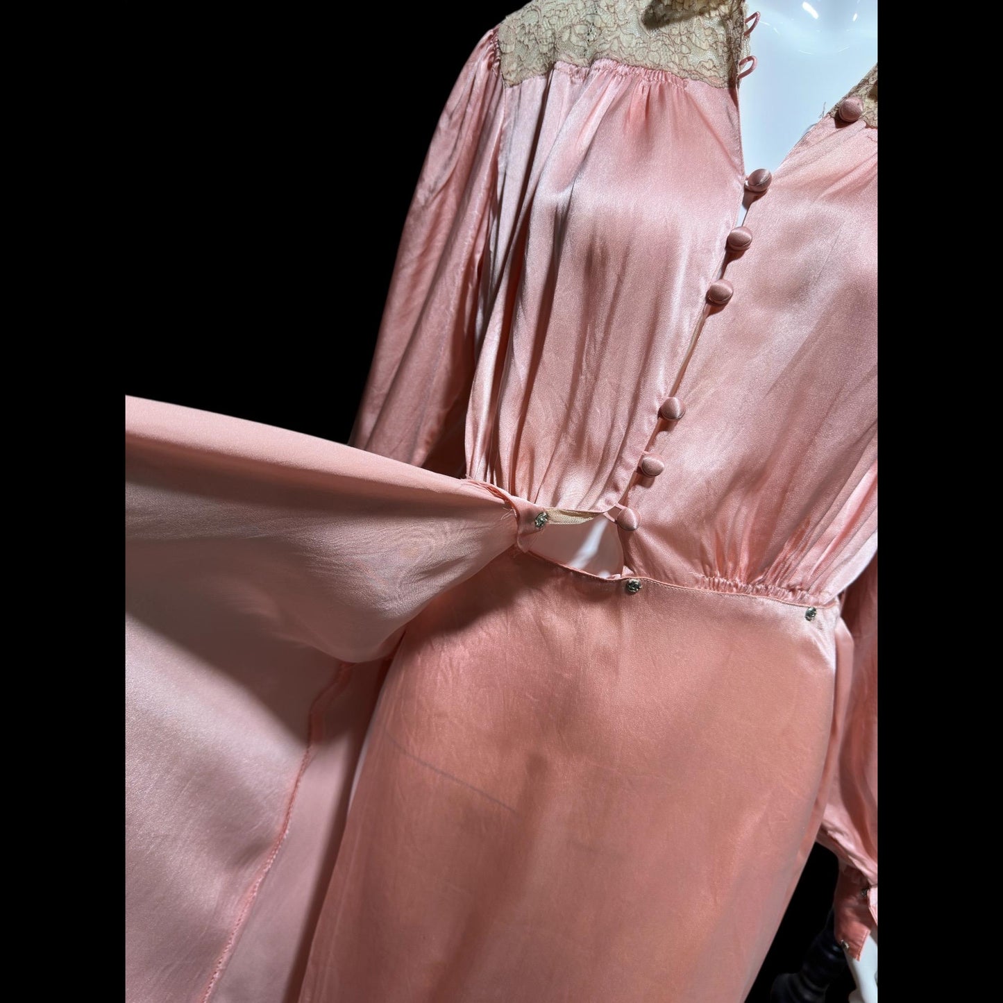 1930s vintage dressing gown robe, Shimmering Peachy pink silk with amazing lace, wrap front house coat loungewear