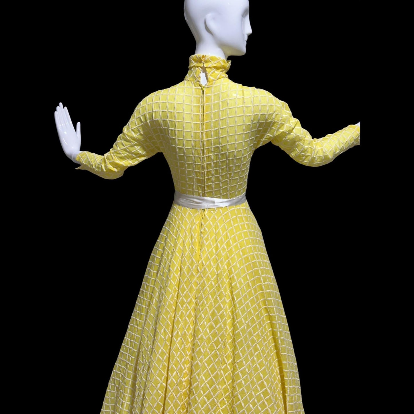 LILLIE RUBIN vintage 1970s evening dress gown, lemon yellow windowpane plaid ball gown