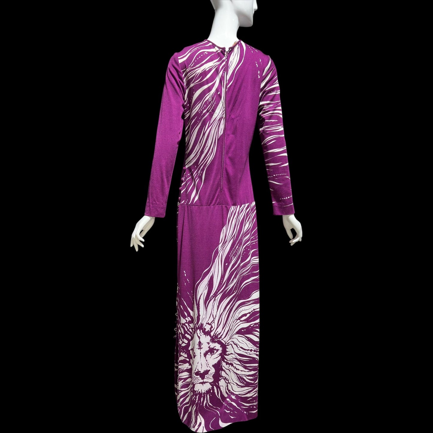 PAGANNE GENE BERK, vintage 1970s Maxi Dress, Purple white Lion face jersey knit evening dress, Stretchy, medium large