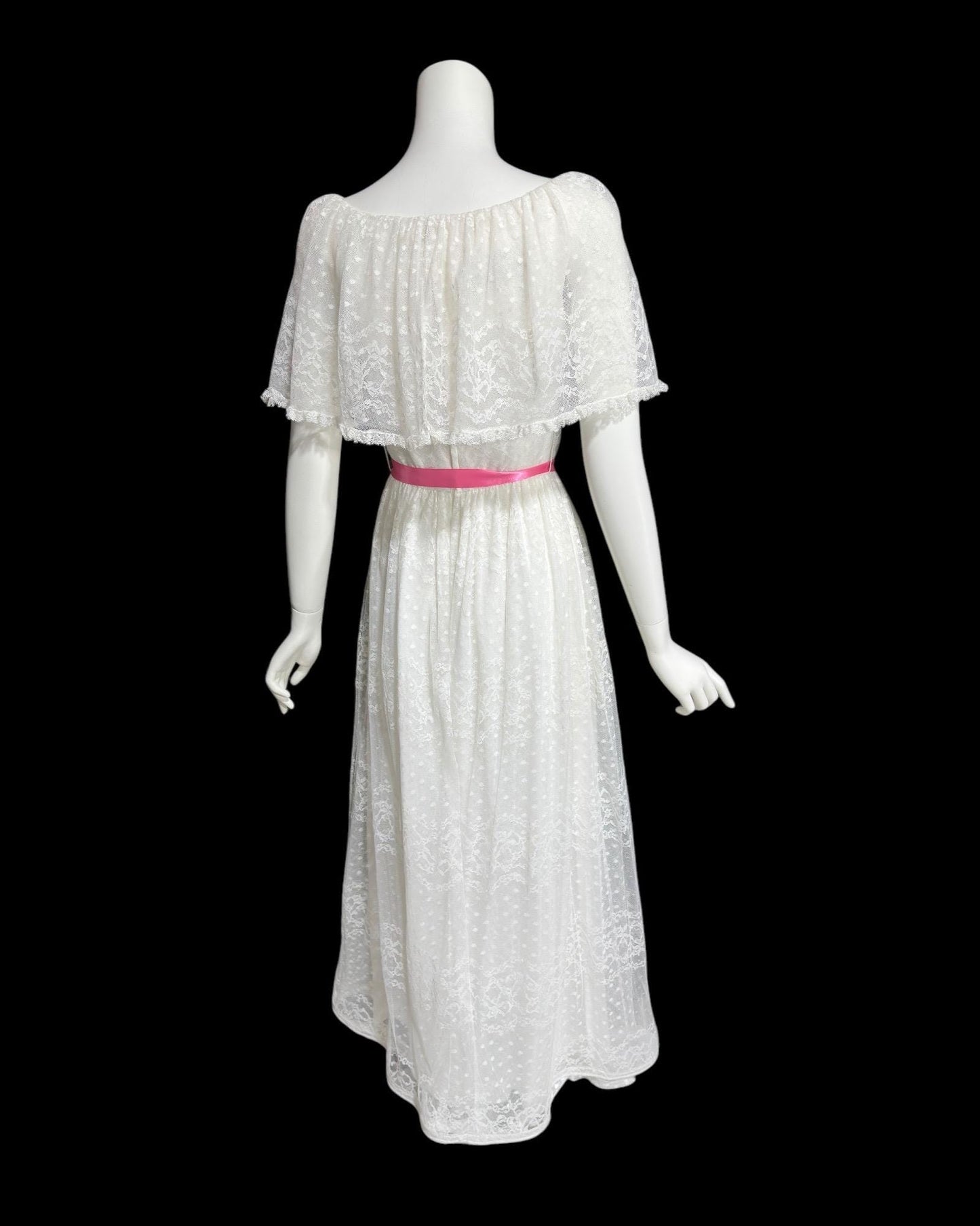 RICHILENE New York, vintage 1970s evening dress, white lace ruffle collar wedding gown