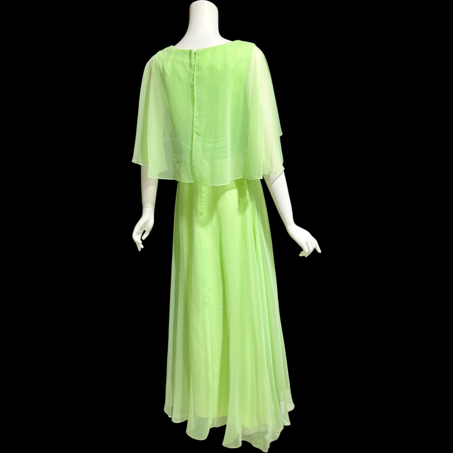 MISS ELLIETTE, vintage 1970s evening dress gown, minty pistachio green poly chiffon dress