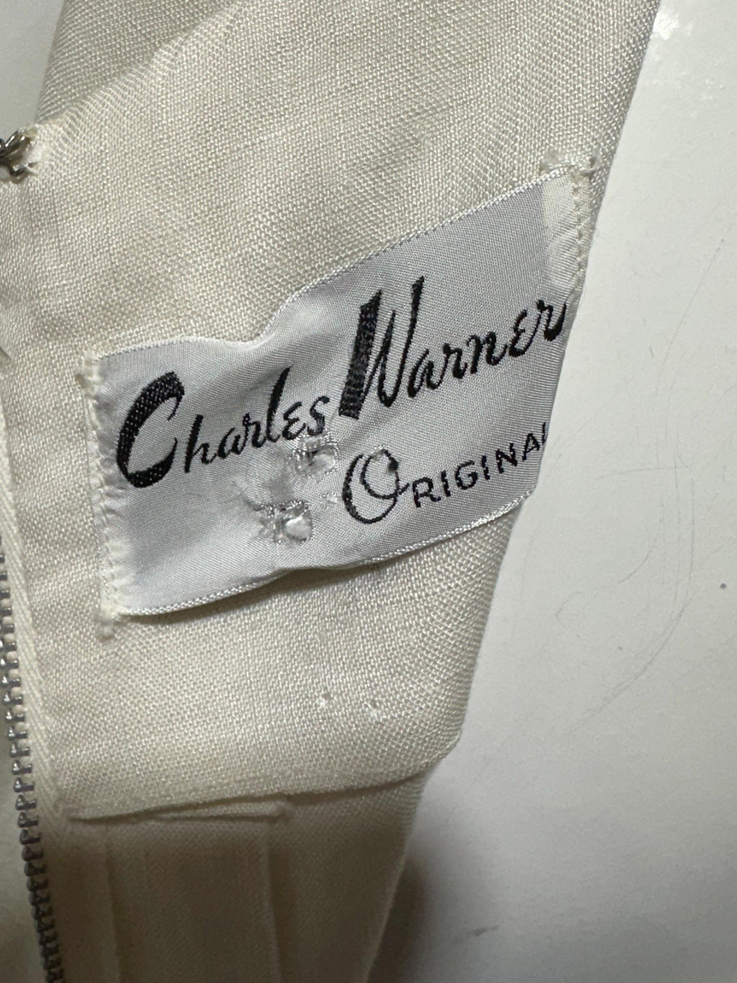CHARLES WARNER, vintage 1960s Linen day dress, organza floral trim, Cocktail luncheon dress