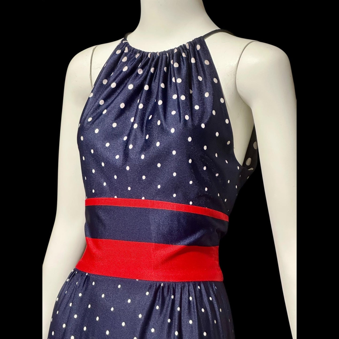 1970s vintage maxi dress, Navy blue and white polka dots, red stripes, halter casual summer party long 4th of July sundress