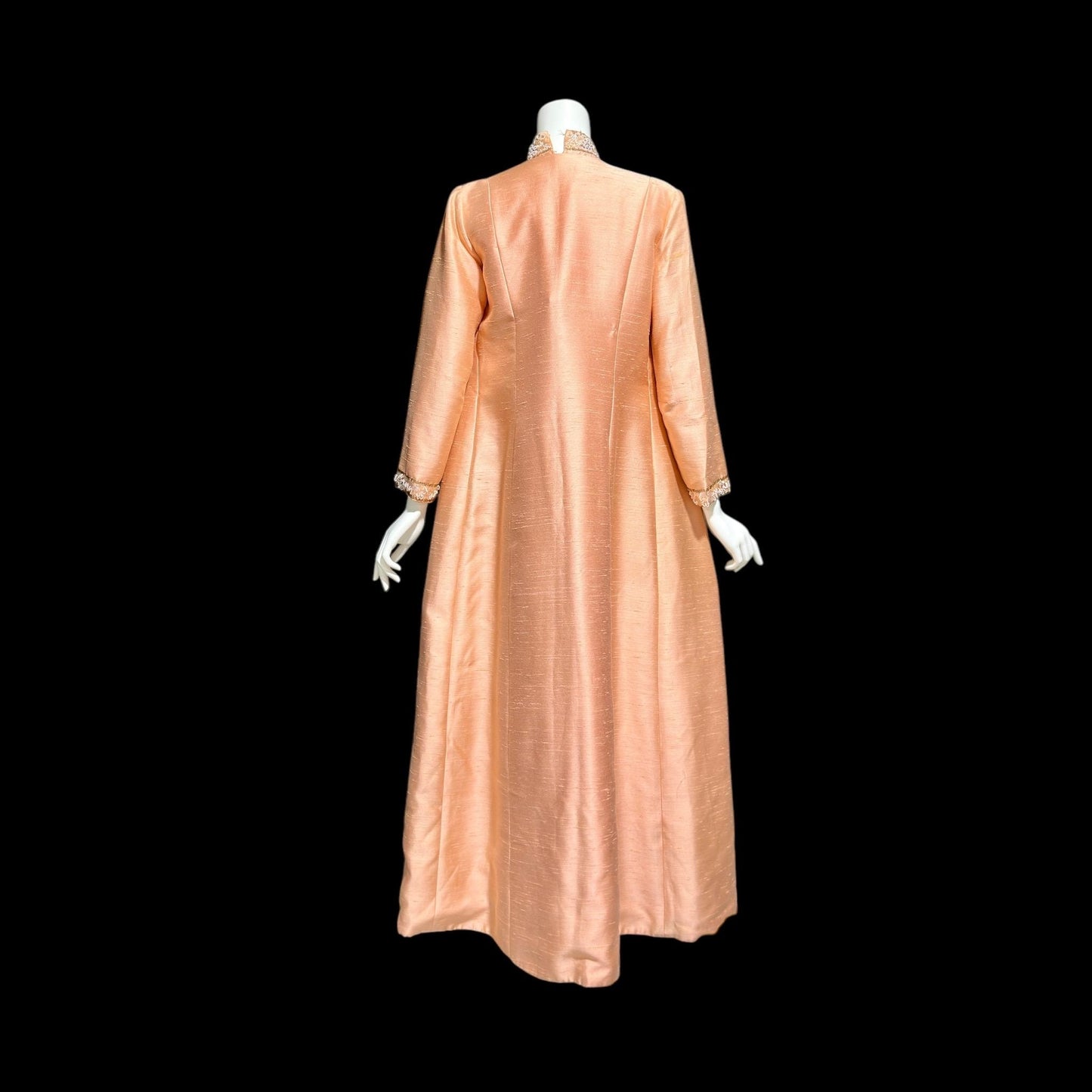 SMART MISS Vintage 1960s evening gown and opera coat ensemble, Peach raw silk high neck beaded mod column dress and duster