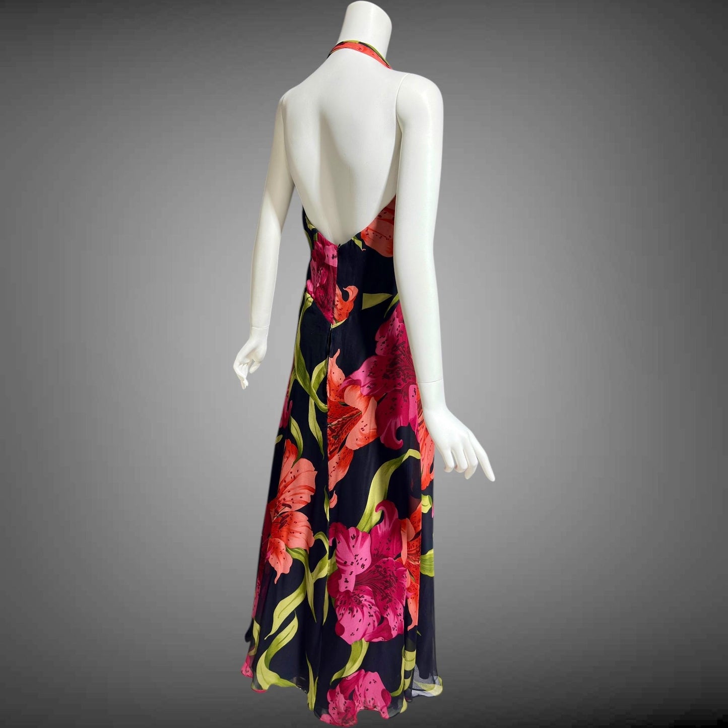 ROSE TAFT vintage 1990s evening dress gown, all silk pink and orange tiger lily floral chiffon halter gown