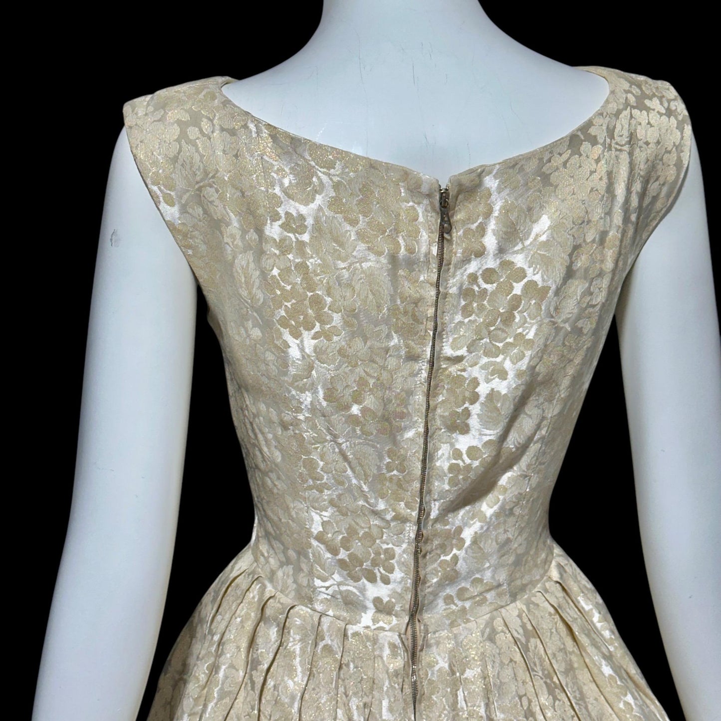 ADORE by Doreen, vintage 1950s dress, shimmering damask cocktail party dress, fit flare pleated dress