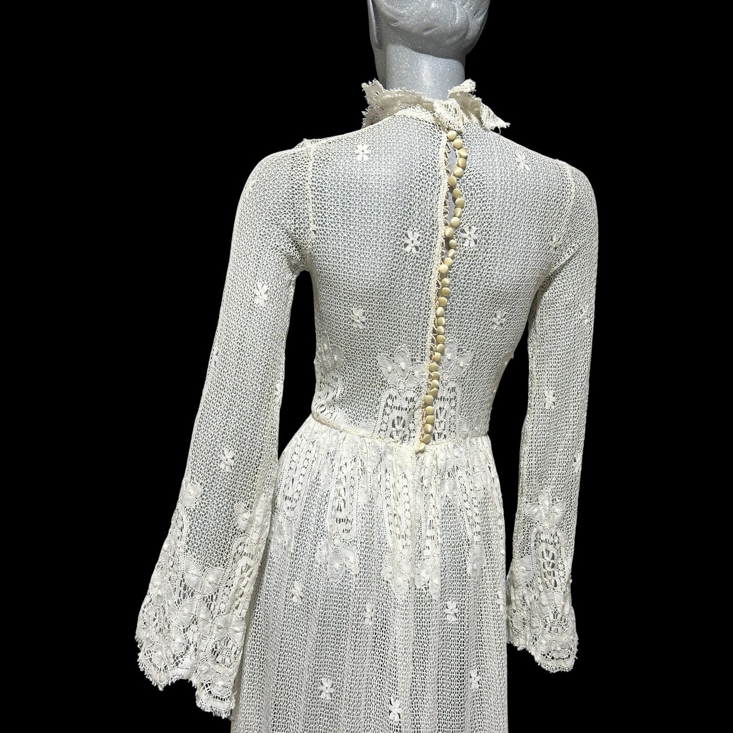 1970s vintage crochet maxi dress, white cotton open knit bridal wedding dress, Victorian style gown