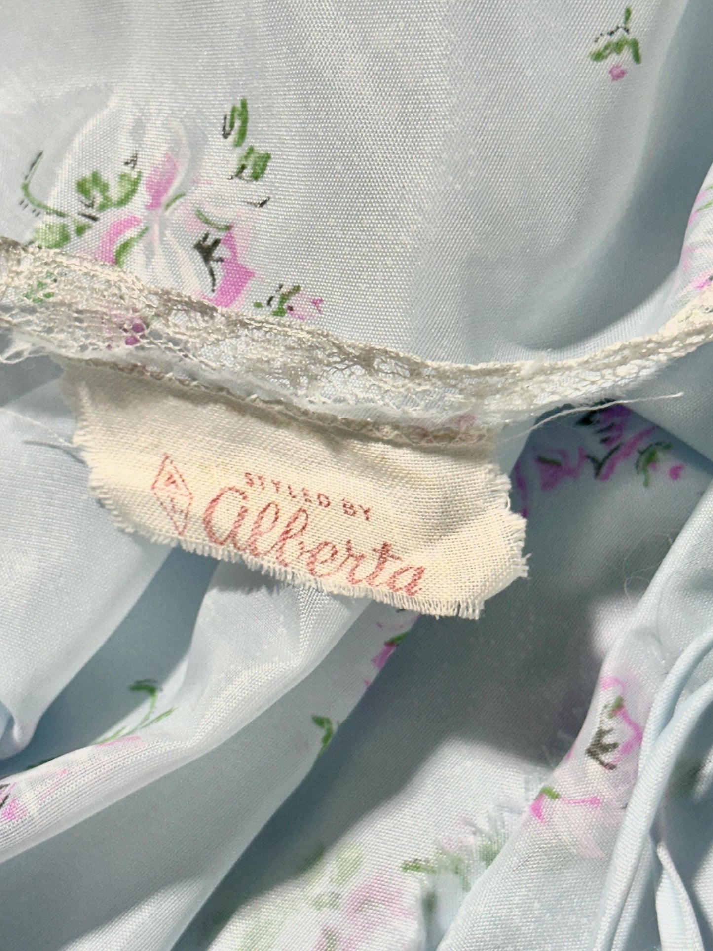 ALBERTA vintage 1940s nightgown slip dress, Sheer dusty blue with with pink rosebuds, Old Hollywood full length gown