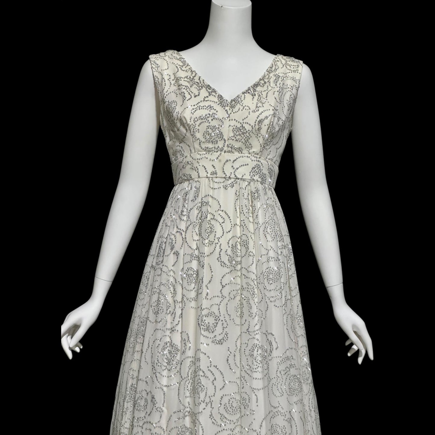 1960s vintage evening dress gown, white chiffon with sparkly silver rose sequins wedding bridal gown