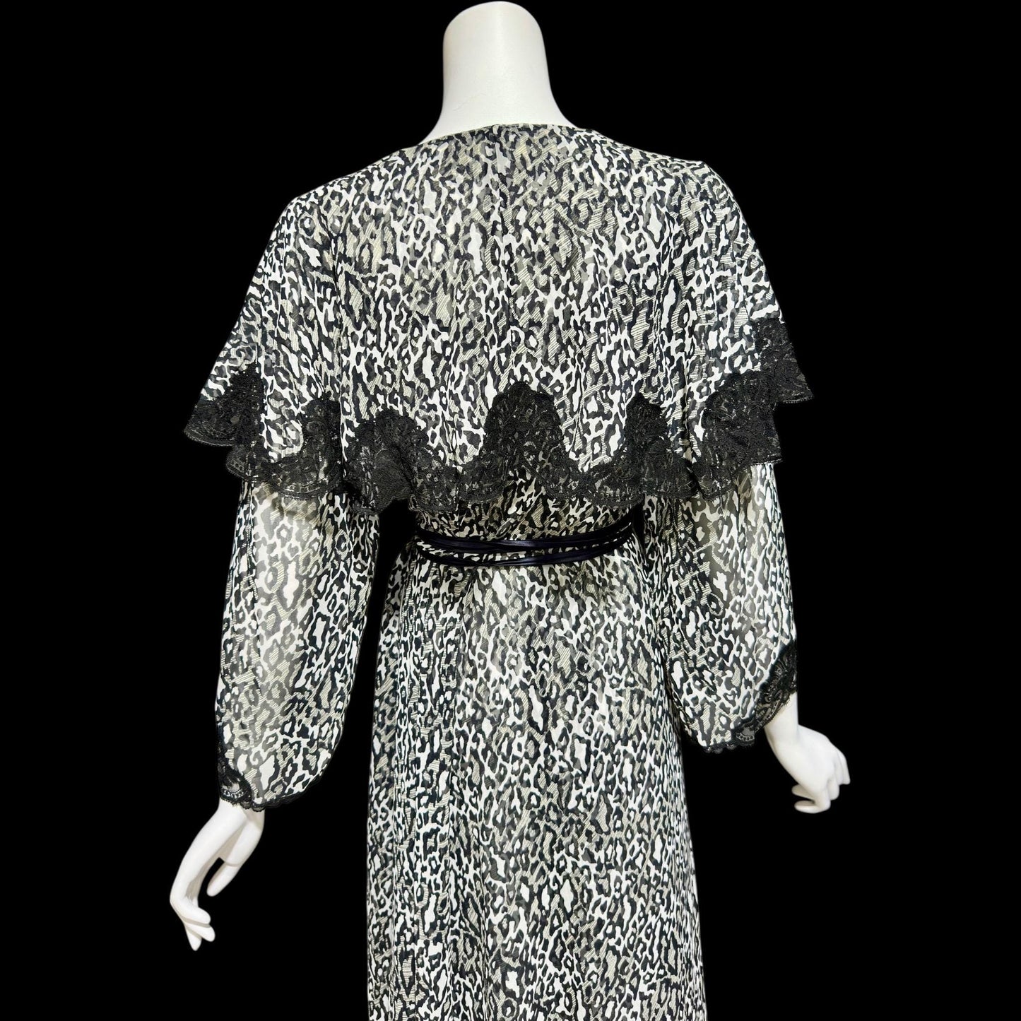 LUCIE ANN vintage 1970s nightgown robe peignoir set, black and white sheer animal print negligee slip dress set