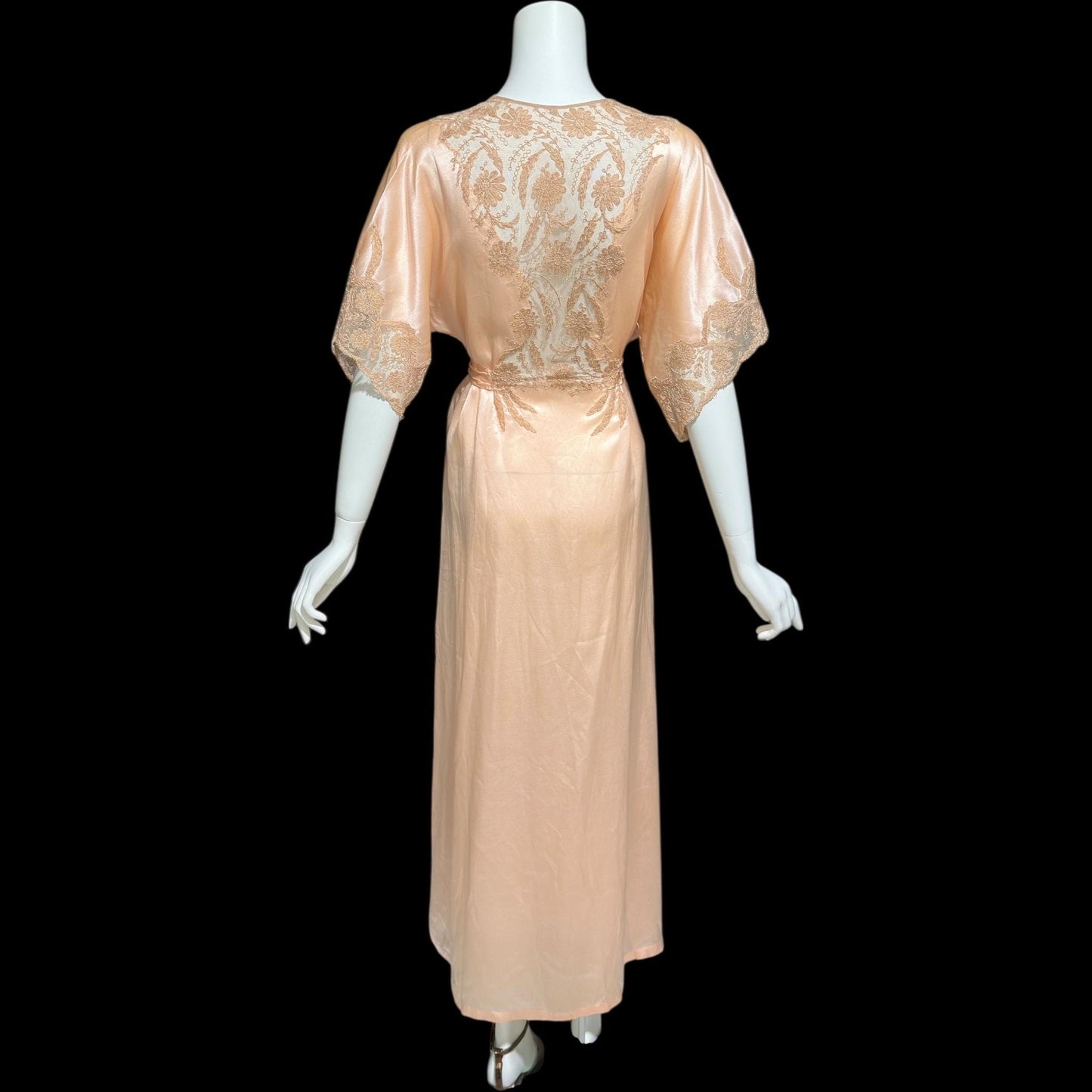 1930s vintage dressing gown robe, Shimmering Peach silk with amazing lace, wrap front house coat