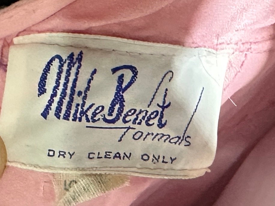 MIKE BENET evening prom dress, 1960s vintage pink chiffon beaded halter evening ball gown