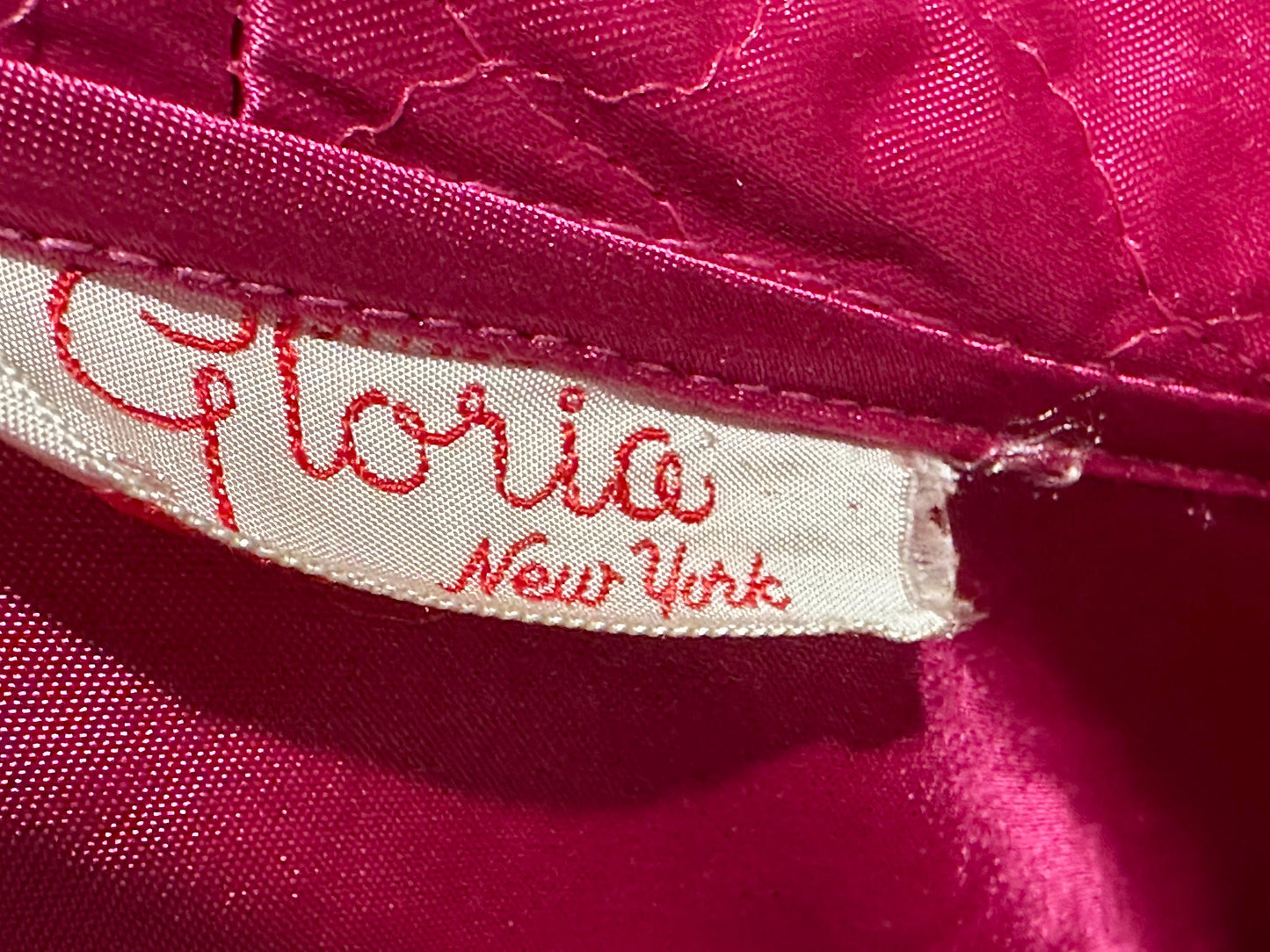 GLORIA NEW YORK, vintage 1940s dressing gown robe, Magenta slipper satin huge collar wrap front housecoat