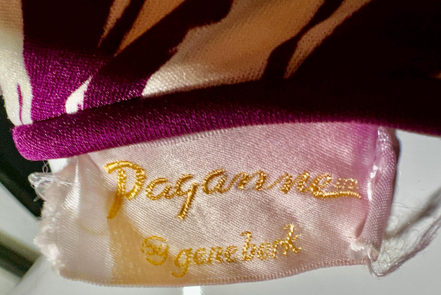 PAGANNE GENE BERK, vintage 1970s Maxi Dress, Purple white Lion face jersey knit evening dress, Stretchy, medium large