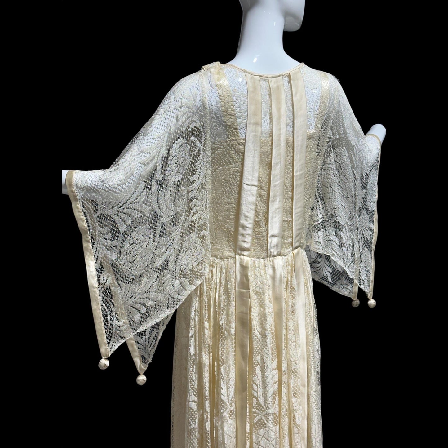 1920s Antique vintage wedding dress, Handmade candlelight white silk and lace slip dress with scarf sleeves, bridal flapper dress