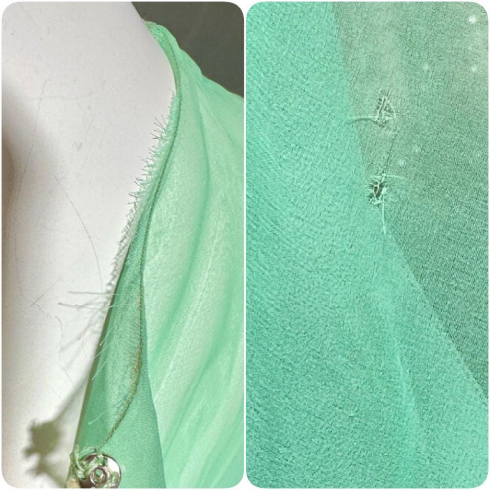 HELEN ROSE, vintage 1970s evening dress, ethereal pastel chiffon green, blue, lavender, sheer chiffon blouson bishop sleeves dress