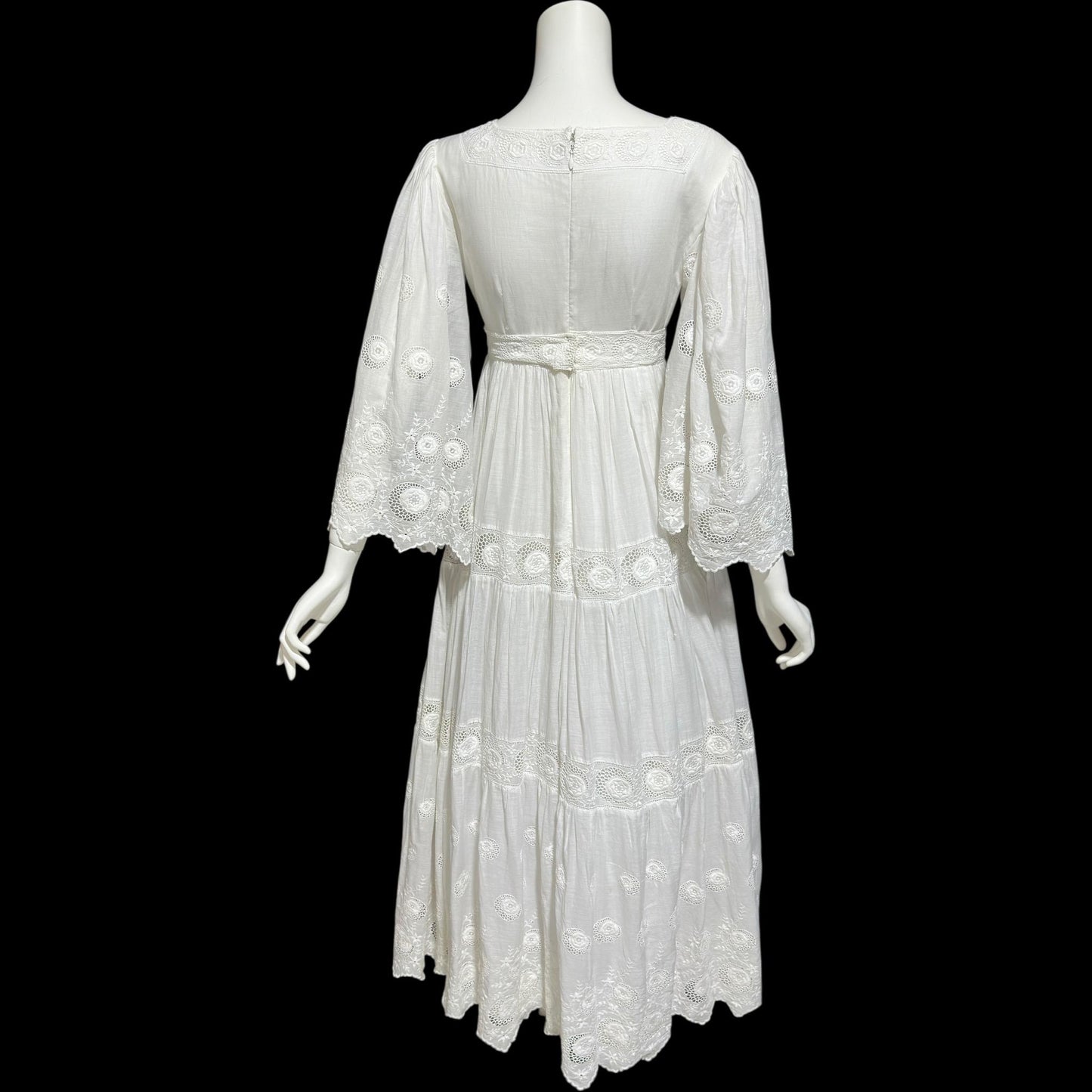 1970s Mexican Wedding dress, White batiste cotton embroidered empire ball gown