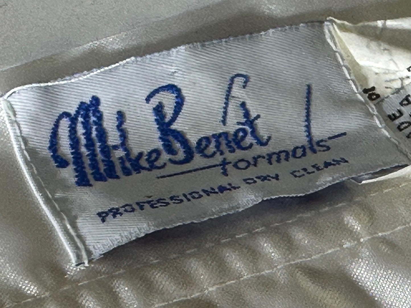 MIKE BENET, vintage 1980s evening dress, shiny white satin sequins prom wedding ball gown