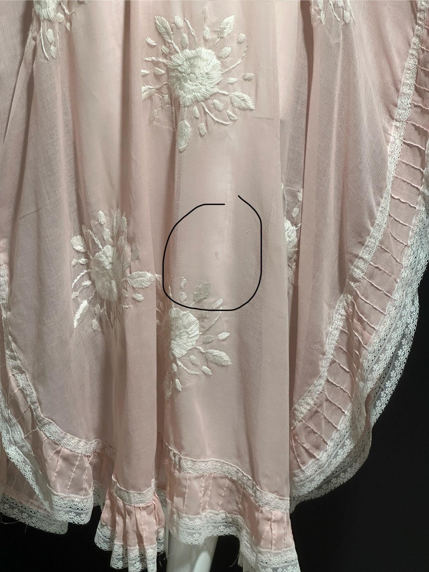 1970s Vintage sheer caftan dress, baby pink cotton poly blend with white embroidered flowers
