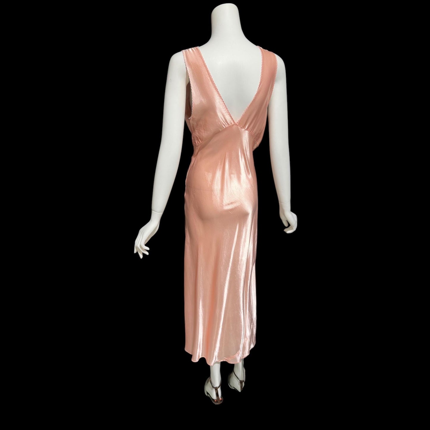 1940s vintage nightgown slip dress, Shiny dusty rose peachy pink bias cut slip dress, full length