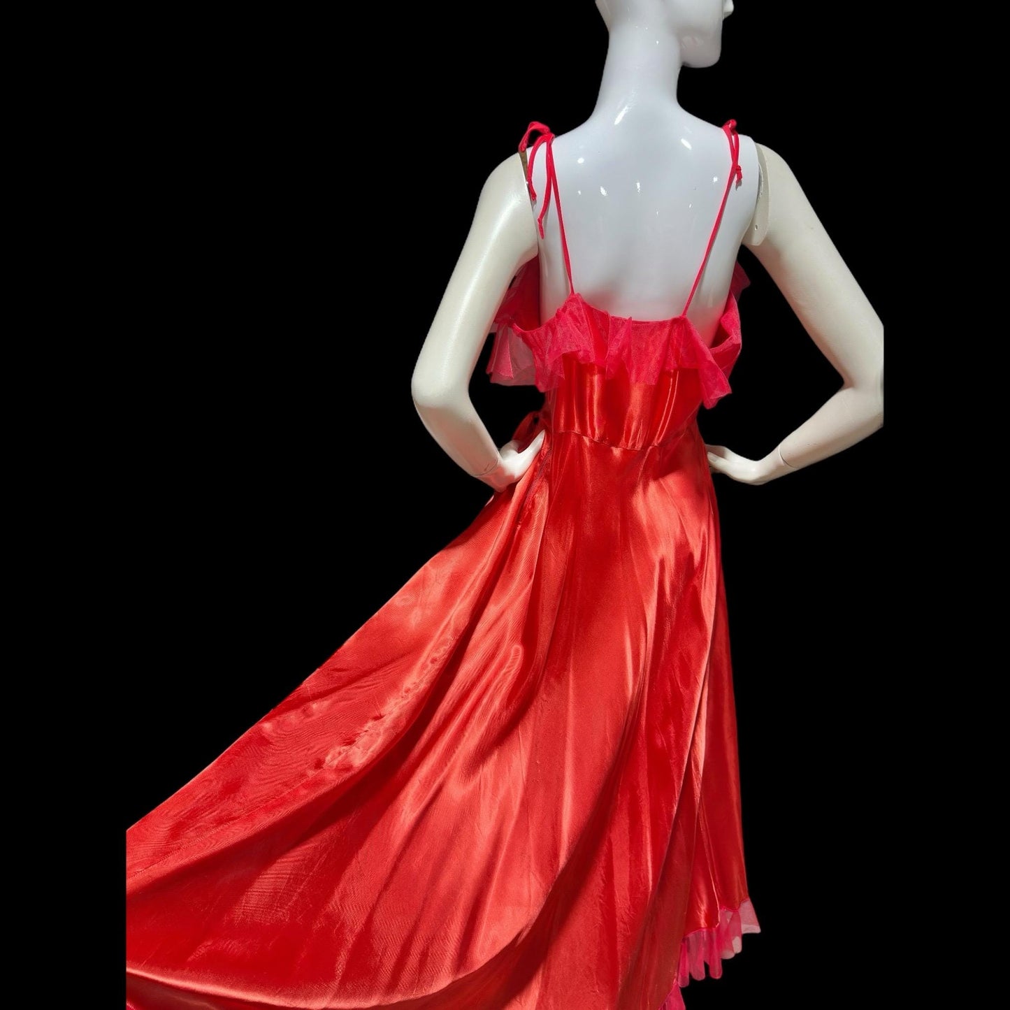 1940s vintage nightgown slip dress, Shiny lipstick red satin with a sheer mesh tulle ruffled trim