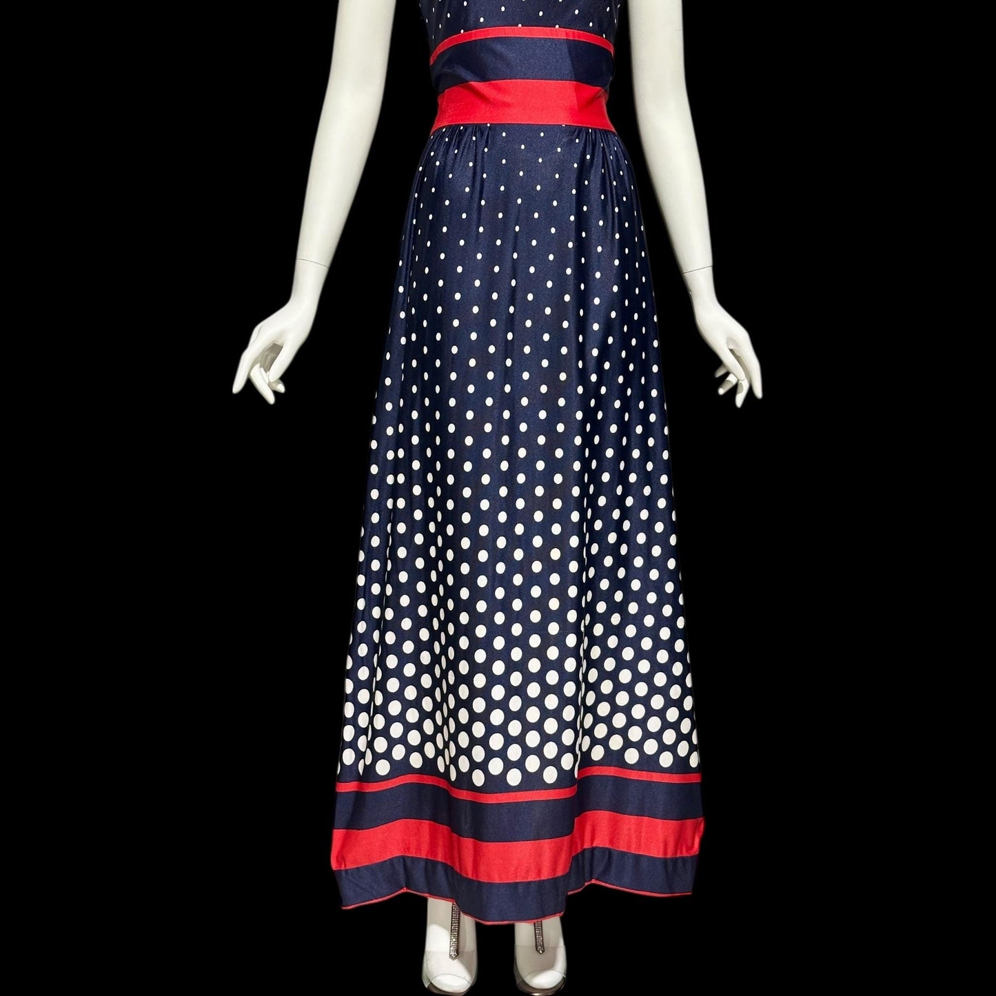 1970s vintage maxi dress, Navy blue and white polka dots, red stripes, halter casual summer party long 4th of July sundress