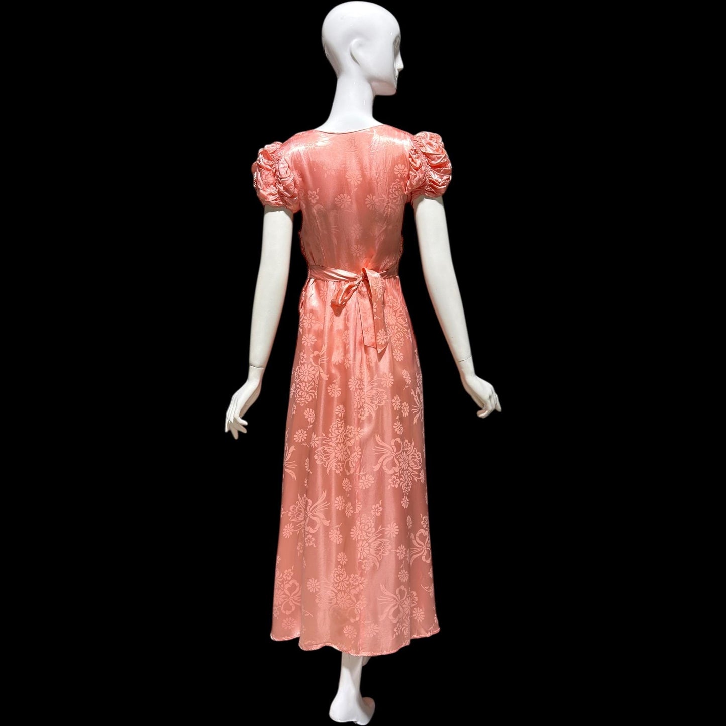 1930s Vintage Evening dress gown, Pinky Peach Romantic Jacquard Ruched Front Maxi Dress
