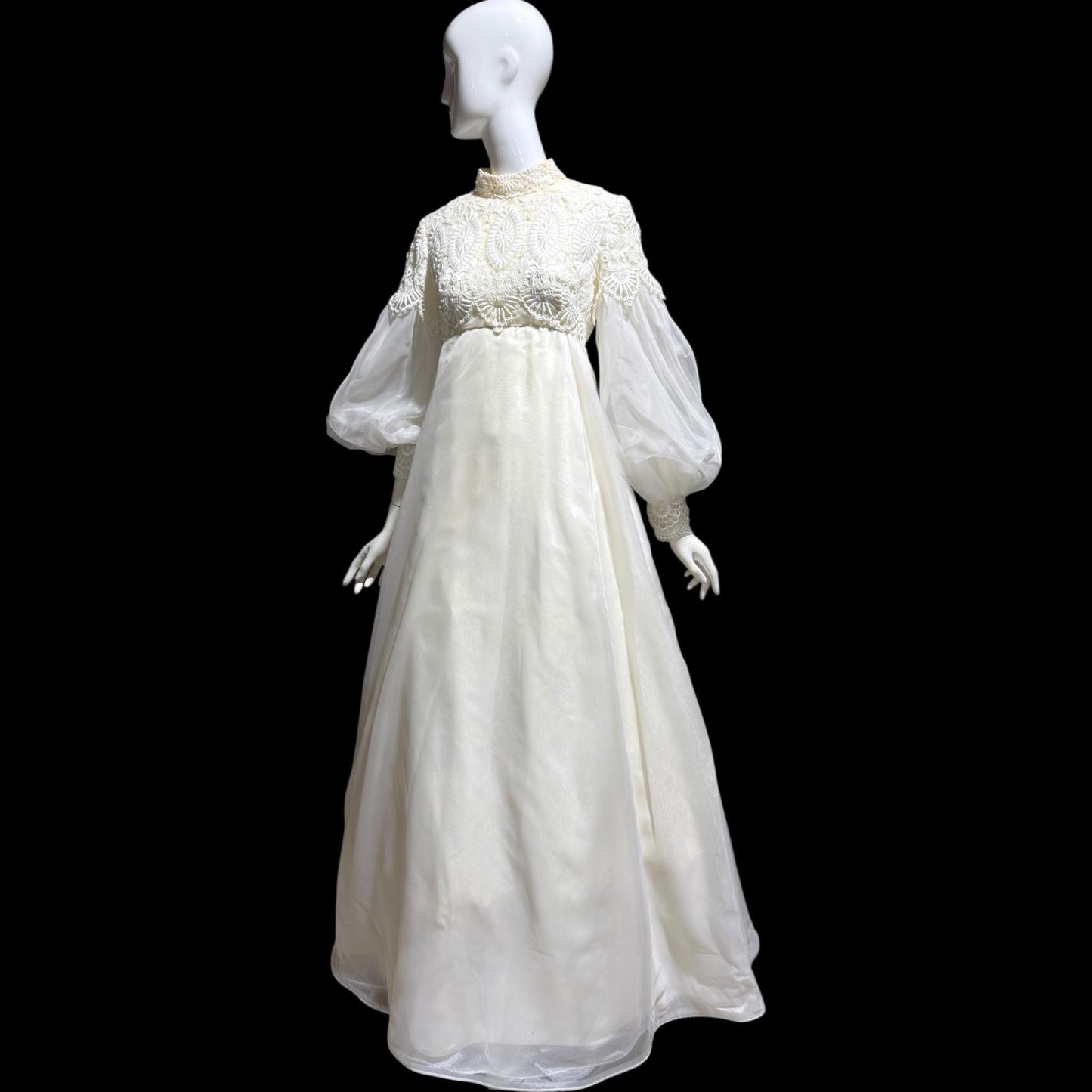 EMMA DOMB vintage wedding dress gown, 1960s white Queen Anne High Neck Juliet Puffed Sleeve Romantic Bride