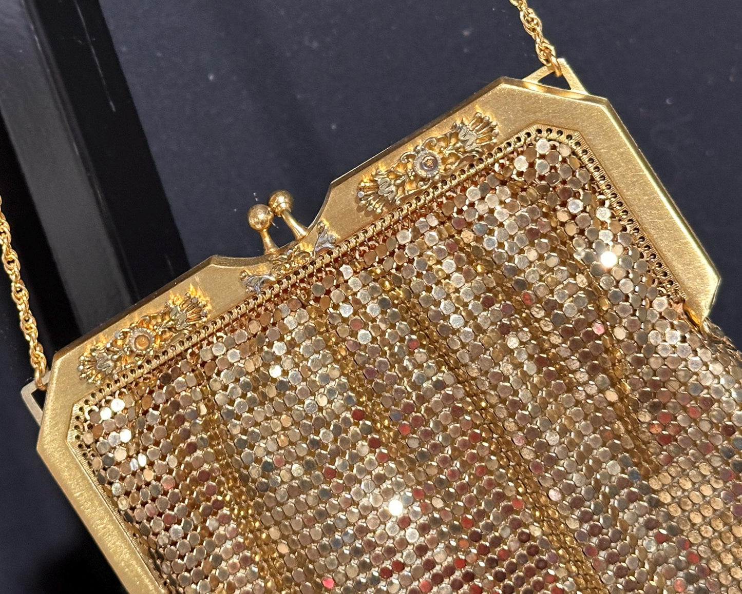 WHITING & DAVIS vintage 1960s mesh bag purse, gold mesh dance evening bag